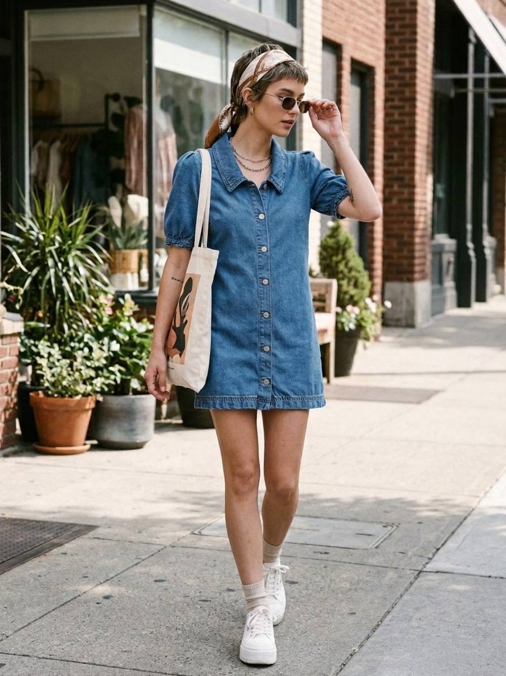 Habitual Denim Shirt Dress Puff Sleeve Button Front Collared Mini